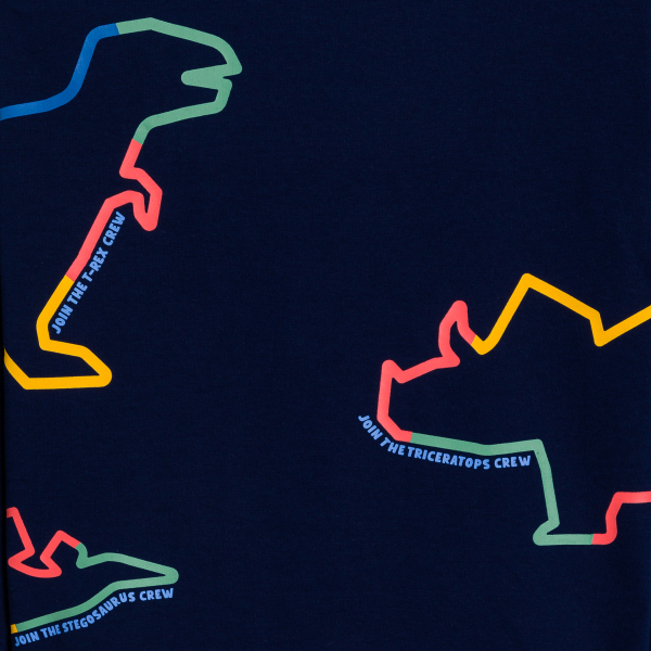 بيجامة مخملية من قطعتين مع رسوم ديناصورات باللون الأزرق الداكن للأولاد